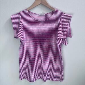 MELLO DAY Striped Ruffle Sleeve T-Shirt Red White Women's Size Small